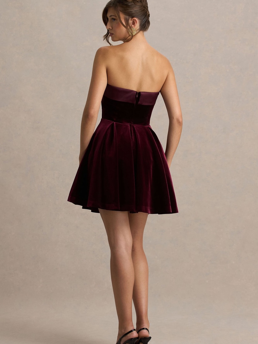 Club L London Strapless Velvet Mini Dress in Deep Wine - Picture 2 of 10